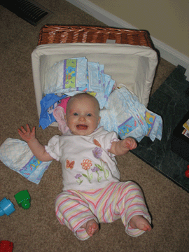 She knows she's in trouble after tipping over the basket