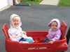 The girls getting a ride in the wagon